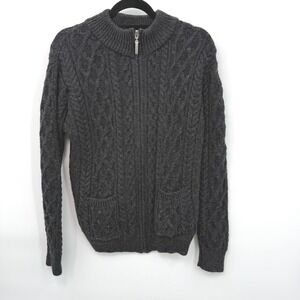 The Irish Store Mens S Dark Gray Merino Wool Cable Knit Full Zip Sweater Grandpa